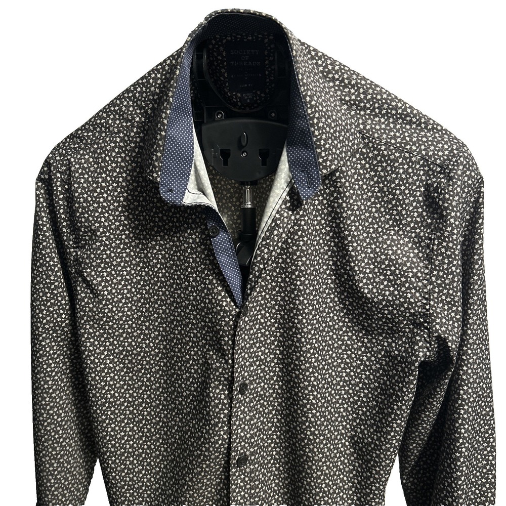 Society of Threads Dress Shirt Mens Small S 14-14.5 Slim Fit Stretch Geo Black